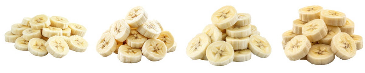An isolated banana slice with peeled fruit on a white background with full depth of field.