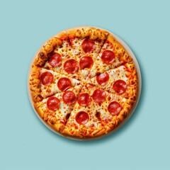 A Whole Pepperoni Pizza on a Light Blue Background