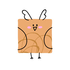 Cute owl character. Happy smiling square shaped bird, simple doodle style. Funny kawaii animal, comic humorous whimsical drawing. Childish kids flat vector illustration isolated on white background