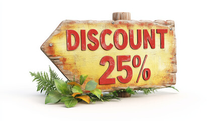 25 Percent Discount Sign on Rustic Wooden Board with Greenery