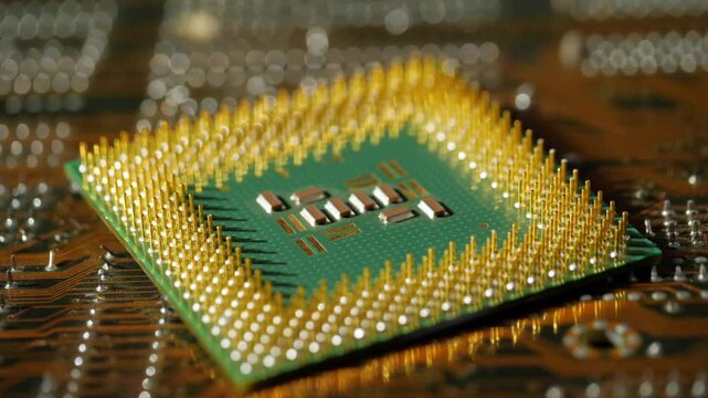Vintage computer microprocessor lies on the motherboard close-up
