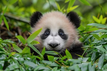 Adorable baby panda peeking through lush green bamboo in natural habitat AI