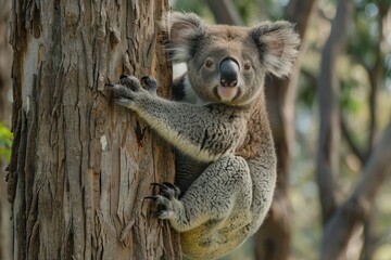 Fototapeta premium Curious koala clings to eucalyptus tree in australian forest AI