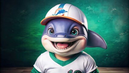Smiling Dolphin Mascot in Baseball Uniform and Hat