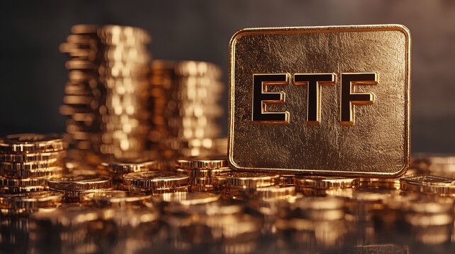 Gold coins and an ETF sign symbolize investment in Gold ETFs. Gold market concept.