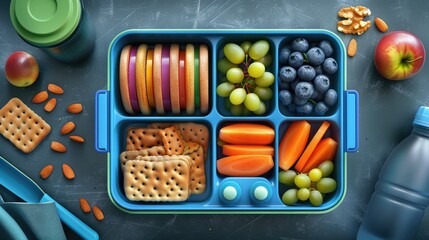 Open lunch box with kid s lunch with peanut butter sandwiches cracker grapes almonds blueberries and water bottle Top view flat lay