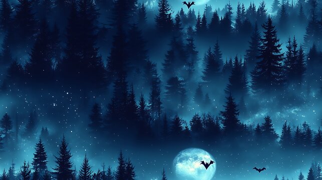 A seamless pattern featuring a moonlit forest with silhouetted trees and bats flying across the night sky, the soft glow of the full moon creating gentle contrasts,
