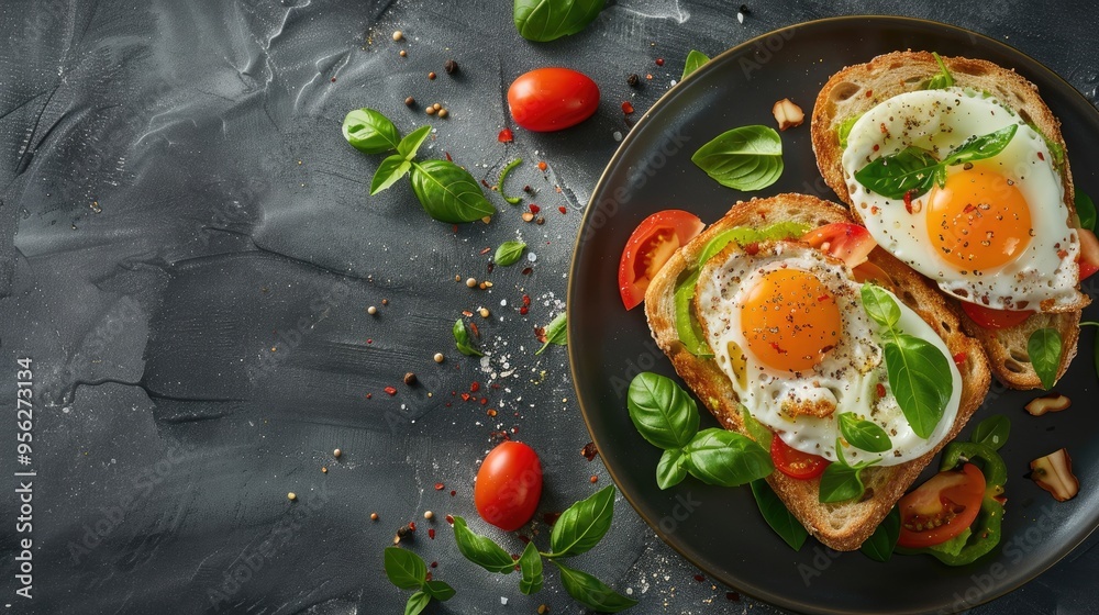 Poster two toast breads with vegetables egg and basil on a plate on a black concrete table
