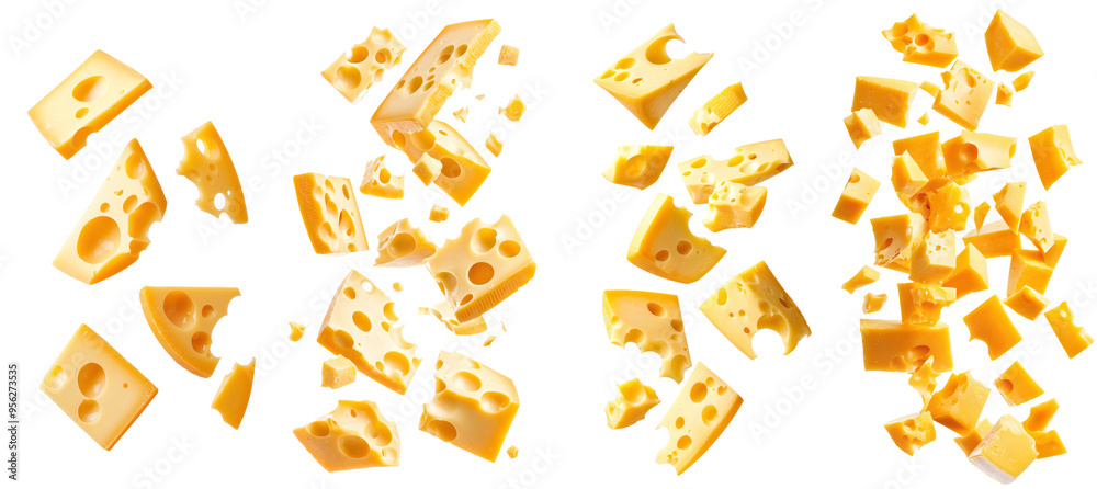 Poster isolated fall of cheese with full depth of field on white background