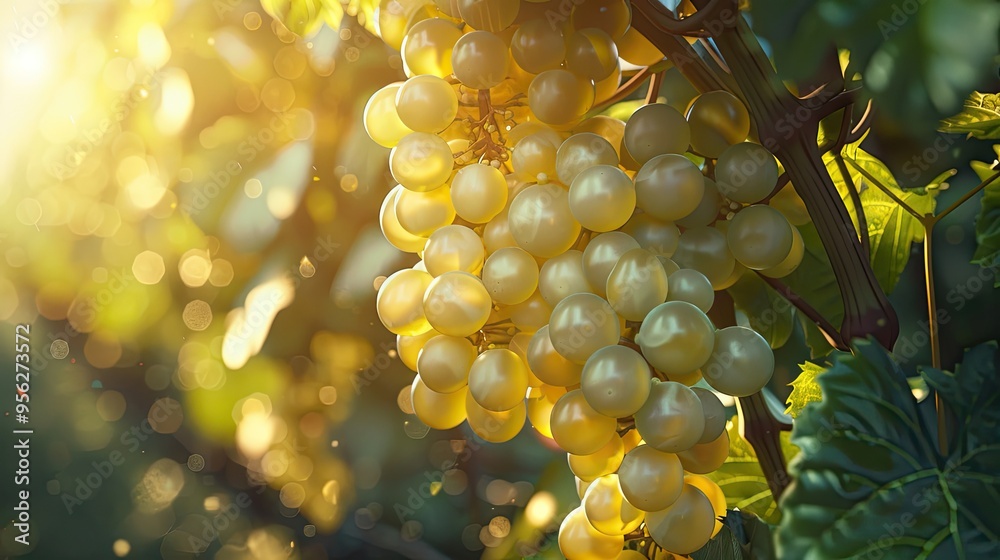 Aufkleber white grape cluster in grape vineyard in morning light