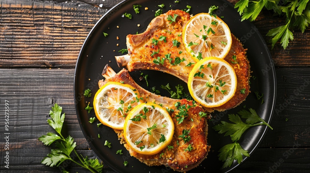 Poster baked in oven panko breaded pork chops on bone with lemon slices and fresh parsley on black plate on dark wood table horizontal view from above flat lay close up