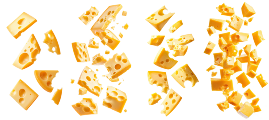 Isolated fall of cheese with full depth of field on white background