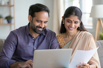 Joyful Indian pair reviewing their budget and financial documents on a laptop.