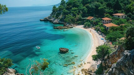 Fototapeta premium Crystal Clear Turquoise Water, Sandy Beach, and Lush Green Hills