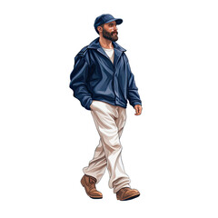 An illustration of a bearded man wearing a cap, walking
