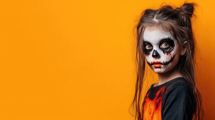 Cute Girl Dressed as a Zombie for Halloween on an Orange Banner with Space for Copy, Festive 3D Illustration. AI generated illustration.