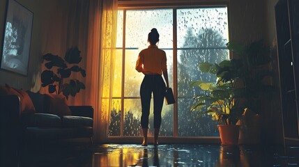Fototapeta premium Housekeeper polishing a rain-splattered window, cozy living room with soft light and warm colors inside, rain drizzling outside, Illustration, High contrast, Detailed
