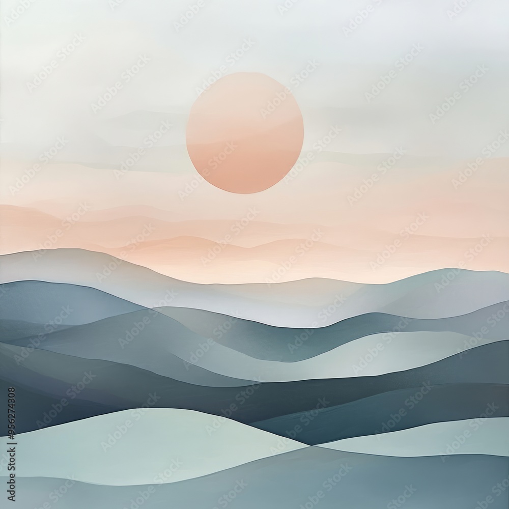 Canvas Prints A minimalist illustration of a sunset over a range of mountains with a large orange sun.