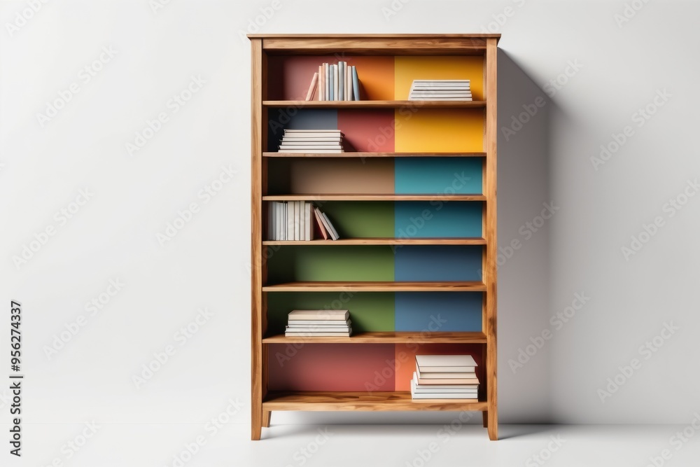 Wall mural 3d render of a bookshelf in a white room with a colorful wooden design featuring empty storage space