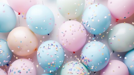 An overhead view of a background covered in balloons of soft pastels and glittering confetti, carefully arranged to provide copy space for party details.