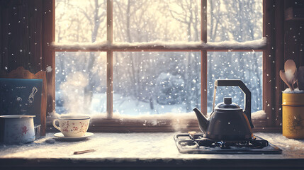 A cozy winter scene with a kettle boiling on a stove and a window showing snow outside