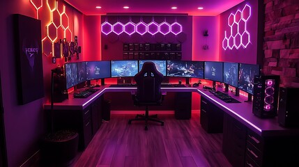 A high-tech esports gaming room, with a multi-monitor setup on a futuristic desk, ergonomic chairs designed for long gaming sessions,