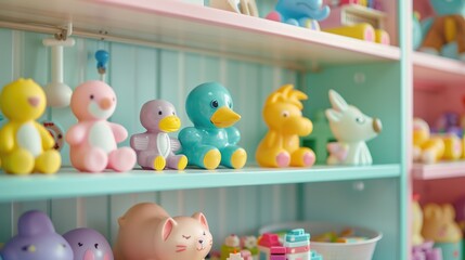 Obraz premium Colorful Plastic Duck Toys and Animal Figurines on Shelves in Nursery Room.