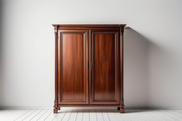 Wooden cupboard with a white wall in a room showing an empty