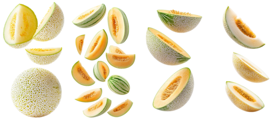 The cantaloupe melon is falling on a white background, with full depth of field