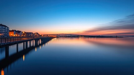 Fototapeta premium Serene Sunset over a Bridge and Waterway