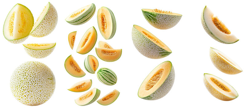 The cantaloupe melon is falling on a white background, with full depth of field