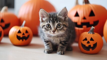 Cute Kitten with Pumpkins in a White Room, Halloween Concept 3D Illustration. AI generated illustration.