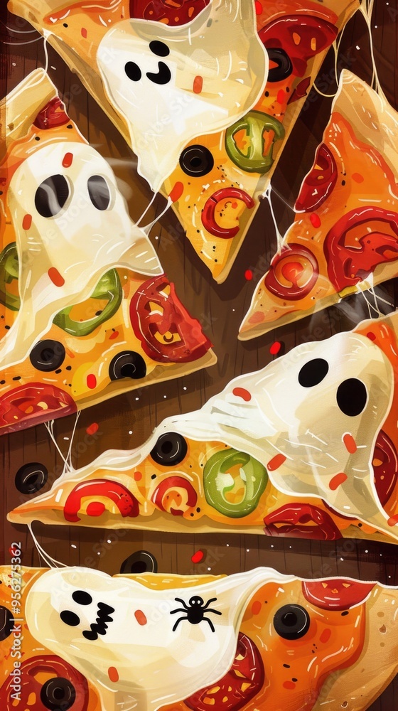 Wall mural Spooky halloween pizza toppings with ghostly shapes for festive celebrations AI