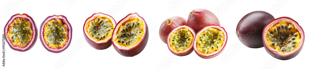 Poster full depth of field image of passionfruit isolated on white