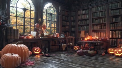 Naklejka premium The Wizard's Room with Library, Old Books, Pumpkins, Potions, and Scary Things, 3D Render Illustration. AI generated illustration.