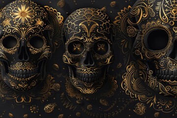 Black skull with gold floral patterns, surrounded by golden elements on a dark background, representing an elegant Day of the Dead theme. ai