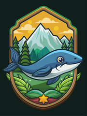 Obraz premium Whale Leaping Over Mountainous Landscape Within A Shield-Shaped Frame