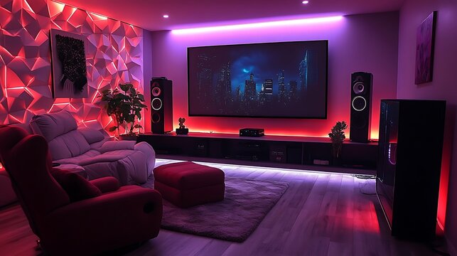 A luxury home theater gaming room, with a large projection screen, surround sound speakers, and comfortable seating in plush recliners,