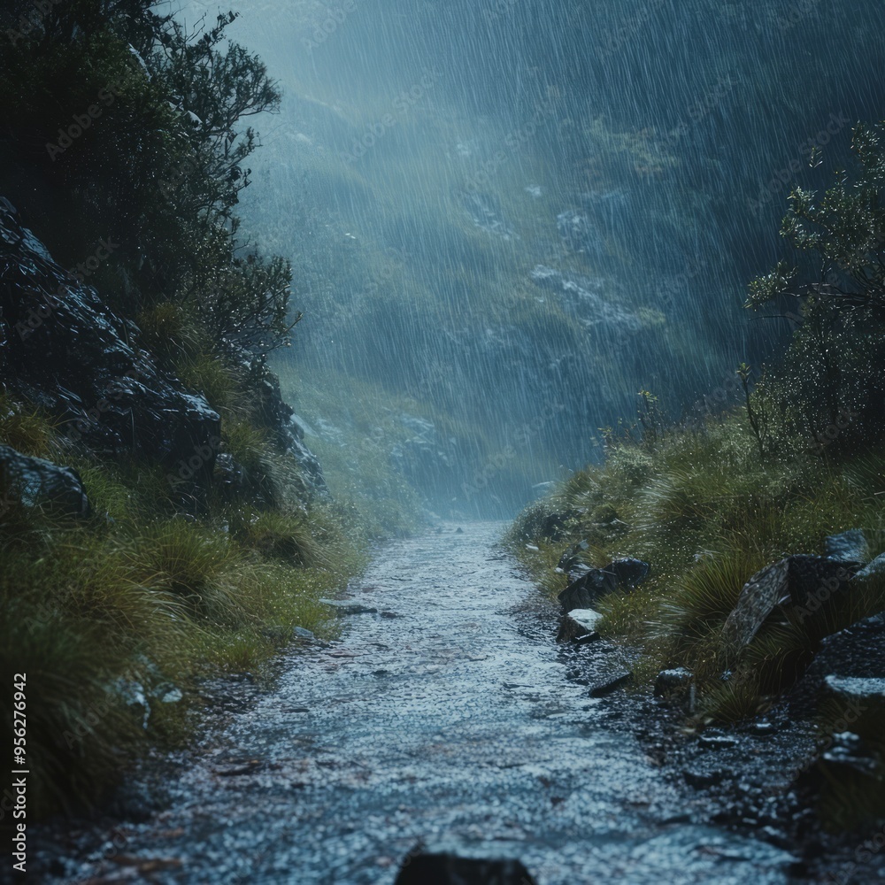 Canvas Prints A misty, rain-soaked path winds through a lush, green hillside.