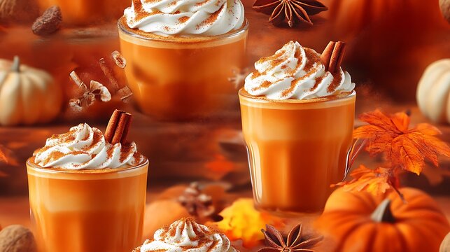 A seamless pattern featuring pumpkin spice lattes with swirls of whipped cream, sprinkled with cinnamon, and accompanied by cinnamon sticks,