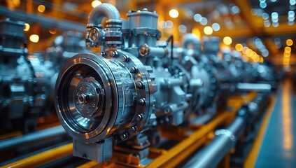 Industrial Jet Engine Component in Aerospace Factory. Close-up view of a jet engine component in an aerospace factory, emphasizing high-tech engineering and precision manufacturing.