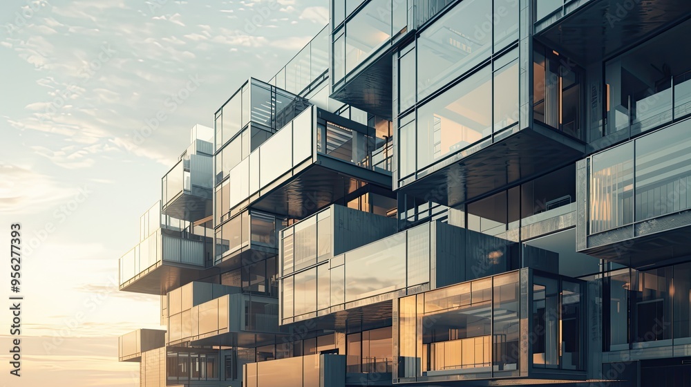Fototapete Architectural design of a modern modular multi story residential metal and glass building composed of rectangular autonomous modules connected with the illusion of the possibility of redevelopment
