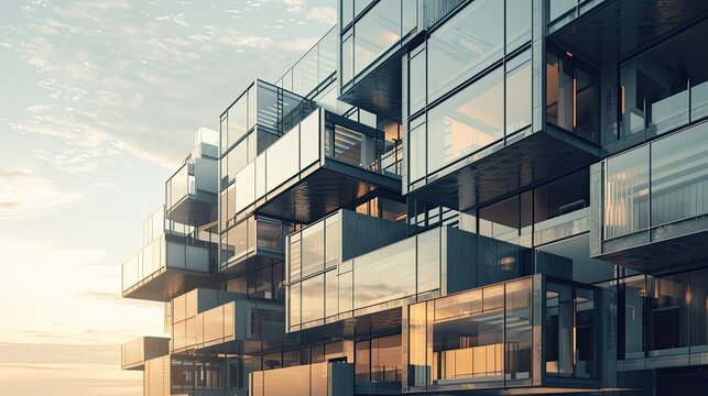 Architectural design of a modern modular multi story residential metal and glass building composed of rectangular autonomous modules connected with the illusion of the possibility of redevelopment