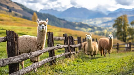 Fototapeta premium Three adorable alpacas stand by a wooden fence in a picturesque mountain valley, with lush greenery and blue skies in the background.