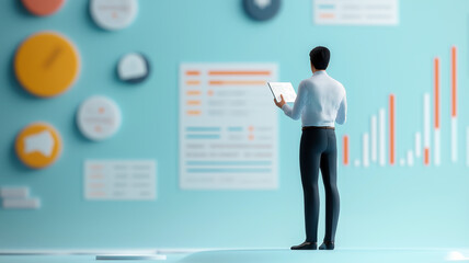 Company performance analysis, executive reviewing key metrics, 3D illustration