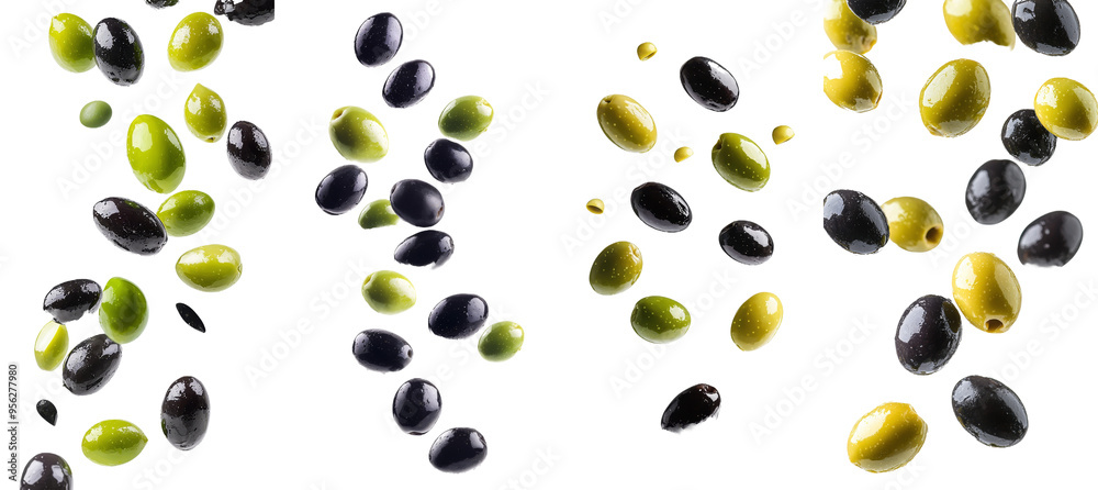 Poster isolated olives falling against a white background with full depth of field