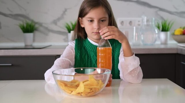 Girl eats potato chips and drinks soda while sitting at table. Concept of unhealthy eating and lifestyle, accumulation of excess weight. Childhood obesity concept.