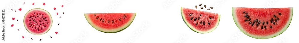 Poster watermelon slice on white background with half a slice of ripe watermelon on it