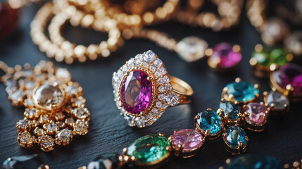 Elegant jewelry set with gemstones, including a ring, necklace, and earrings. A still life collage showcasing these accessories. 