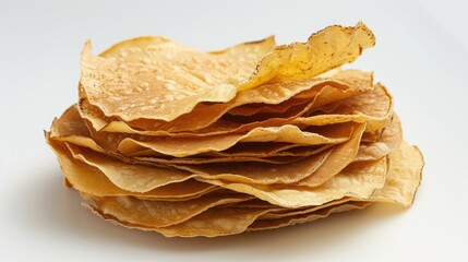 A stack of corn tortilla shells on white